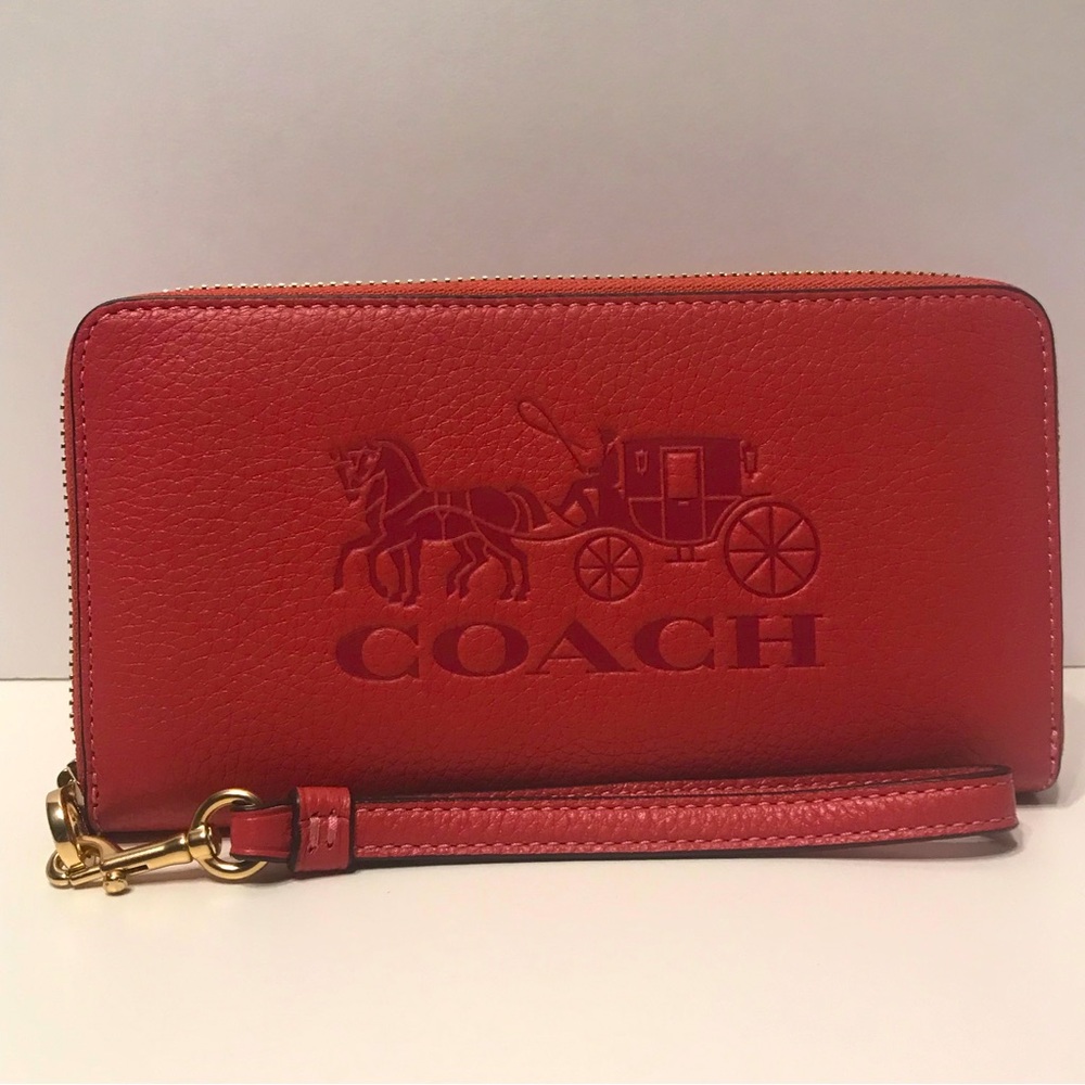 COACH Leather Strawberry Haze Horse & Carriage Long Zip Around Wallet.